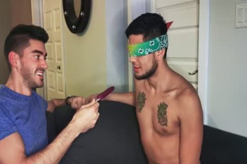 Blindfolded Roommate receives knob To Distract Him